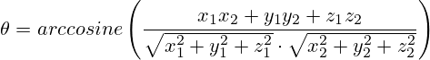 \theta=arccosine\left(\frac{x_1x_2+y_1y_2+z_1z_2}{\sqrt{x_1^2 + y_1^2 + z_1^2} \cdot \sqrt{x_2^2+y_2^2+z_2^2}}\right)